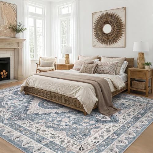 10x14 Area Rug for Living Room: Washable Vintage Blue Rug - Image 3