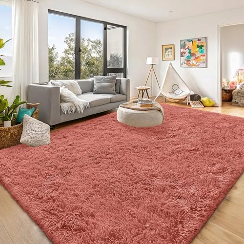 OLANLY 8x10 Machine Washable Large Area Rugs for Living Room, Bedroom, Soft Fluffy Shaggy Bedside Rug, Indoor Floor Carpet for Kids Girls and Boys, Dorms, Nursery, Home Decor Aesthetic, Rust Red - Image 3