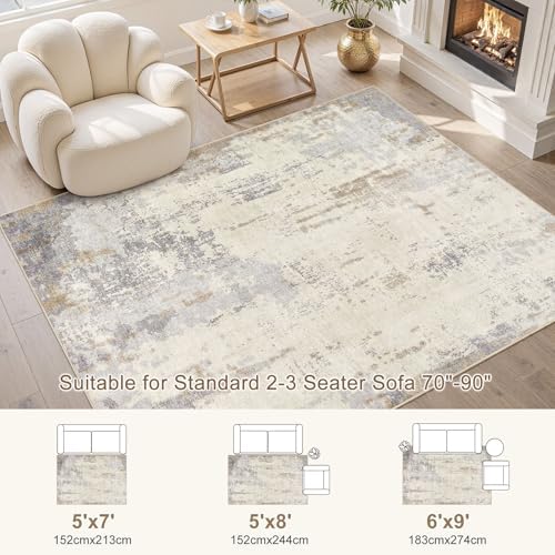UERMEI 6x9 Area Rug Living Room Rugs - Washable Neutral Modern Abstract Soft Thin Rug Indoor Floor No Slip Rug Carpet for Bedroom Under Dining Table Home Office Decor - Light Brown/Gray - Image 3