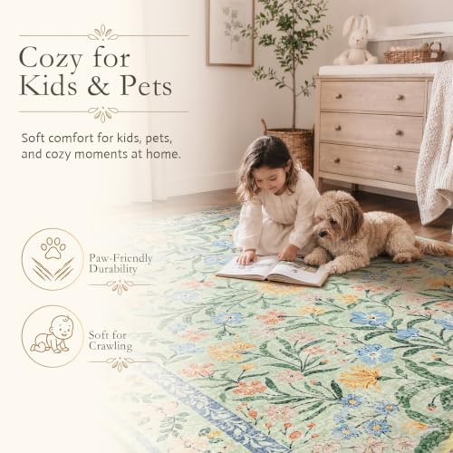 Wonnitar Washable Floral Round Rug, 6ft Sage Green Round Area Rugs for Bedroom Nursery, Boho Non-Slip Indoor Large Circle Carpets for Dining Room Living Room Kids Playroom - Image 5