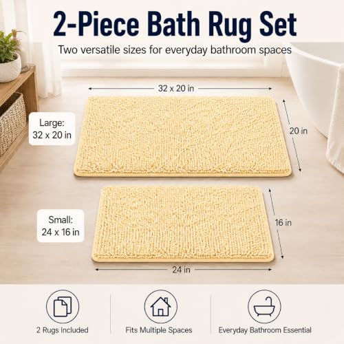 Bathroom Rugs Sets 2 Piece Plush Chenille Bath Rugs Non-Slip Bath Mats Absorbent Shaggy Rugs,Bathtub Mat,Bathroom Mats,Washable Bathroom Carpet for Tub, Shower,Washroom-32x20 + 24x16 Light Cream - Image 2