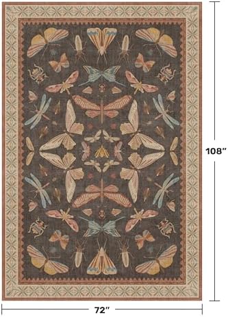 Dining Room Rugs for Under Table 6x9 - Washable Soft Rugs for Bedroom Aesthetic, Low Pile Stain Resistant Living Room Carpet, Vintage Insect Home Décor (Brown) - Image 2