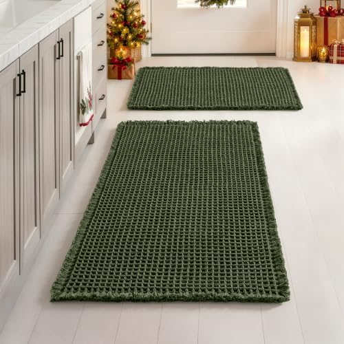 MIULEE Christmas Hunter Green Set of 2 Waffle Bathroom Rugs 17"x24"+18"x30" by MIULEE