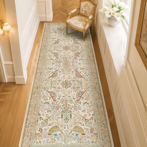 Hazo Haus Boho Long Bathroom Runner Rug 2x6 - Floral & Bird Runner Rug for Kitchen Floor, Hallway, Laundry Room, Bedroom, Entrance, Beige Neutral Vintage Decor, Washable Non Slip Low Pile - Image 6