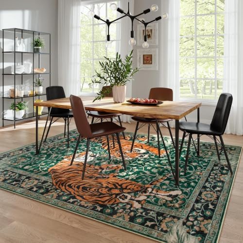 Moynesa Tiger Washable Rugs, 8x10 Area Rugs for Living Room, Soft Large Vintage 8x10 Bedroom Green Rug, Botanical Non Slip Ultra Thin Floor Carpet for Dining Room Home Office - Image 6