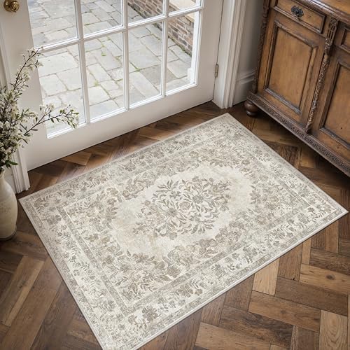 PureCozy 2x3 Washable Area Rug Entryway Cream Beige Vintage Doormat - Image 5