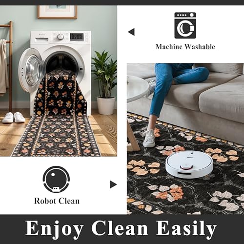 Washable Kitchen 2x10 Runner Rug: Non-Slip Long Hallway Entryway Rugs Indoor Low Pile Carpet for Bedroom Laundry Stain Resistant Vintage Soft Thin Floor Decor Mat for Bathroom (Floral/Black,2x10) - Image 4