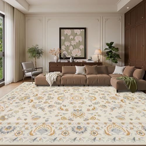 Area Rug 9x12 Living Room: Soft Floral Washable Boho Carpet Beige - Image 2