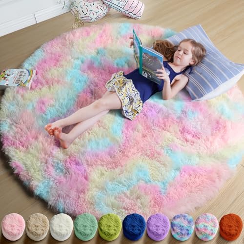 Amdrebio Rainbow Unicorn Pastel Small Round Rug 3Ft for Girls Kids Bedroom by Amdrebio