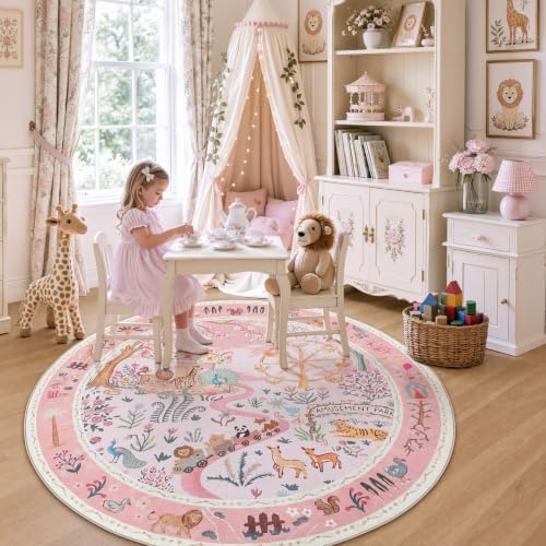 Tribesigns Animal Floral Round Rugs 6ft Washable Kids Rug, Soft Cute Circle Nursery Rugs for Girls Bedroom, Non-Slip Low Pile Indoor Zoo Carpet Rugs for Kids Playroom Living Room, Pink/6' Round - Image 3