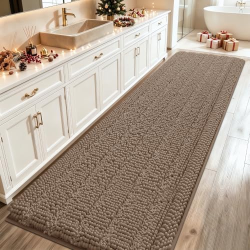 ACCUMTEK Striped Dark Beige Bathroom Rug Mat 59"x20" Ultra Soft, Non Slip Chenille Bath Rugs, Absorbent Plush Shaggy Bath Mats for Bathroom, Bedroom, Kitchen, Shower, Tub,Taupe by ACCUMTEK
