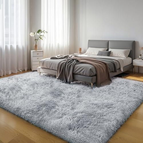 6x9 Thick Tie-Dye Gray Shag Rug for Bedroom, Soft Plush Fluffy Carpet by KICHOWUA