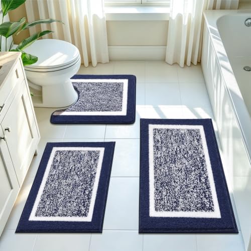 Pauwer 3 Piece Bathroom Rug Set, Non Slip Washable Bath Mat, Navy by Pauwer