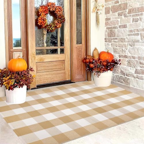 Fall Buffalo Plaid Outdoor Rug 3'x5'Khaki and White Front Porch Rug by BUAGETUP