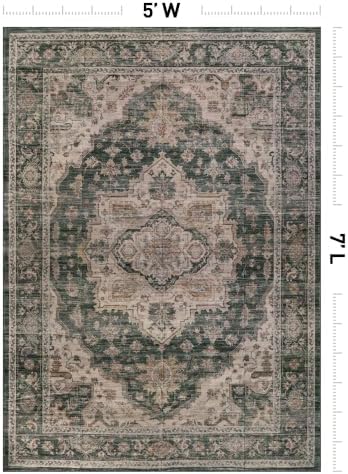 Rugshop Vintage Medallion Machine Washable Non-Slip Area Rug, 5'x7' Green - Image 2