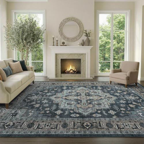6x9 Ft Large Area Rugs for Living Room, Soft Non-Slip Machine Washable Rug, Vintage Stain Resistant Carpets for Bedroom Nursery Dining Room Home Decor (Blue) - Image 2