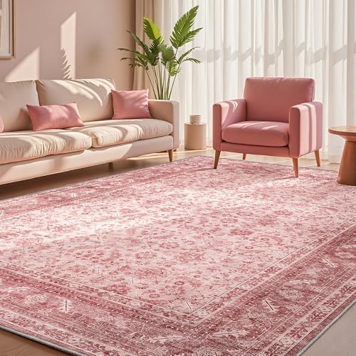OPPODREAM Vintage Pink Area Rugs 9x12, Washable Rug for Living Room by OPPODREAM