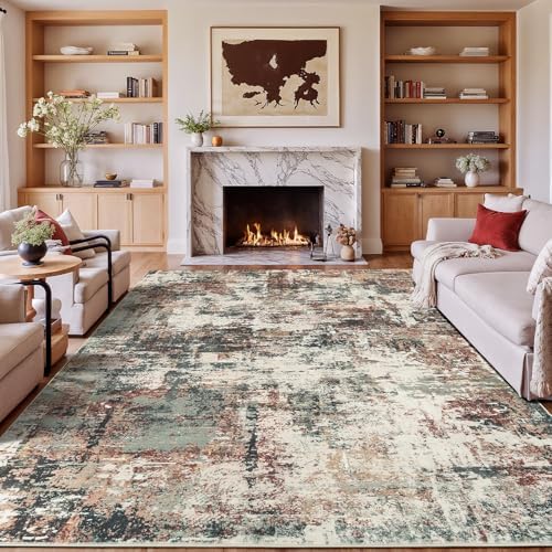 Rugflix 9x12 Area Rugs for Living Room, Washable Rust Brown Green Large Rug by RugflixAreaRugs