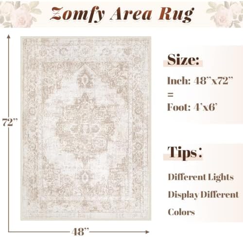 Area Rug 4x6 Vintage Rug: Washable Indoor Medallion Rugs Low Pile Distressed Floor Carpet Retro Accent Rug for Living Room Bedroom Kitchen Dining Table Home Office(Beige, 4'x6') - Image 2