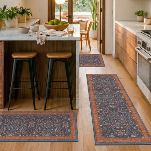 JTJ Boho Kitchen Rug Set of 3, Washable Non-Slip Mats, Navy Blue - Image 3