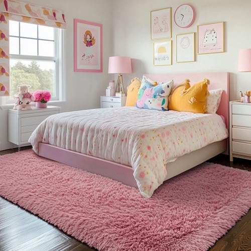 Blush Pink Fluffy Shag Area Rugs for Bedroom Girls 5x7, Soft Shaggy Carpets - Image 5