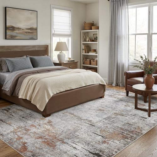 DMOYEST Area Rug Living Room Rugs - 8x10 Large Soft Indoor Neutral Modern Abstract Low Pile Washable Rug Carpet for Bedroom Dining Room Farmhouse Home Office - Grey Rust - Image 3