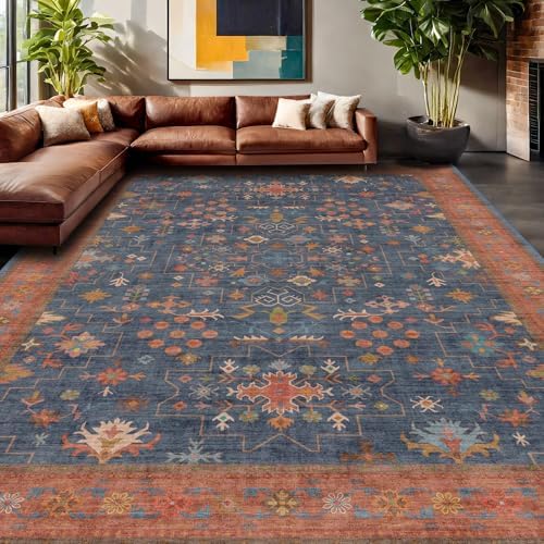 Boho Navy Blue 10x12 Area Rug for Living Room, Extra Large Dining Room Rugs for Under Table, Soft Low Pile Carpet for Bedroom - Vintage Floral Rug, Non-Slip, Lightweight & Stain Resistance - Image 3