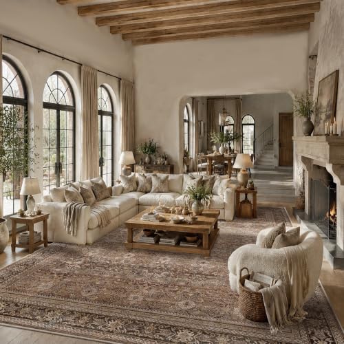 Schweek 10x14 Washable Area Rug Brown Neutral Vintage Distressed Large Rugs - Image 3