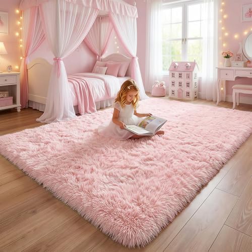 Amdrebio Pink Fuzzy Furry Kids Rug 5x8 for Girls Bedroom Living Room Dorm - Image 5