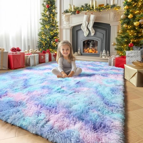 Amdrebio Purple Rainbow Mermaid Large Kids Area Rug 6x9 for Girls Bedroom by Amdrebio
