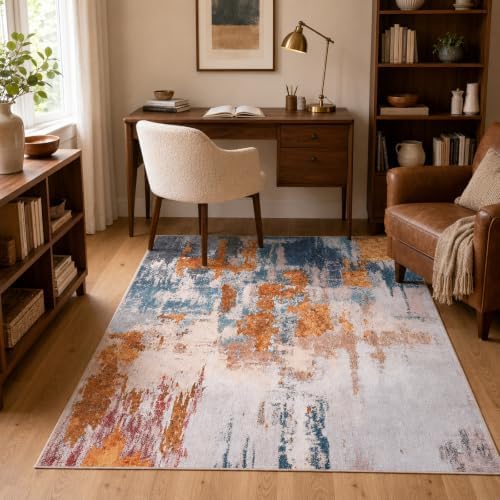 Area Rug 4x6 Orange Blue Rug Washable Boho Rugs Non Slip Low Pile Abstract Small Carpet for Entryway, Bedroom, Kitchen, Classroom, Kids Room, Office, Dorm, Dining Room - Image 3