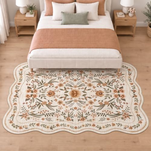 Scalloped Floral Rug 5x7, Beige Terracotta Washable Non Slip Area Rug for Girls Bedroom, Soft Low Pile Cottagecore Carpet for Nursery, Dorm, Kids Room, Living Room - Image 2