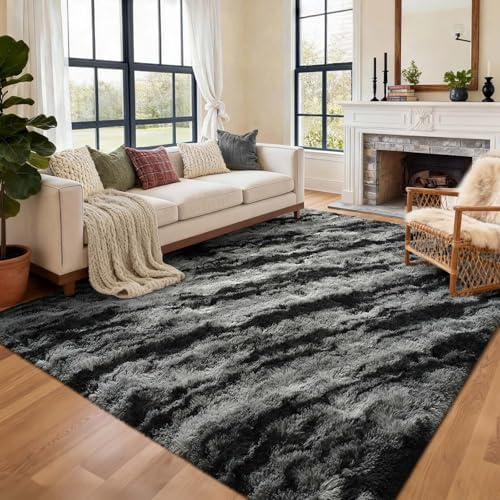 Area Rugs for Living Room, 5x7 Feet Soft Fluffy Shagg Plush Rug High Pile Large Non-Slip Floor Carpet for Bedroom Nursery Dorm Decor Aesthetic Black by Cuzwlovita