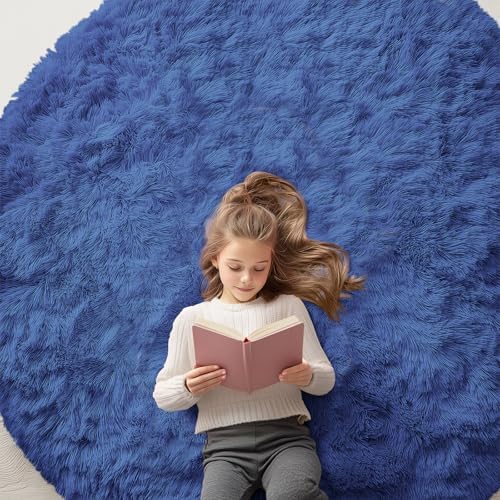 OLANLY Navy Blue Round Rugs for Bedroom - Machine Washable, 6 ft Circle Area Rugs for Living Room, Soft and Fluffy Shaggy Carpet for Teen Girls and Boys, Nursery Rooms, Dorms, Home Decor Aesthetic by OLANLY