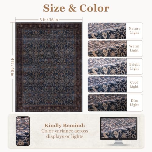 Washable Small Area Rug 3'x4' Entryway, Vintage Old Money, Dark Blue - Image 2