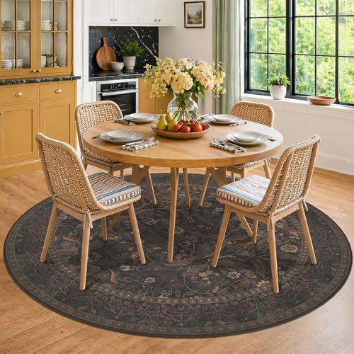 Washable 8ft Large Round Area Rug for Living Room, Black and Brown Moody Floral Circle Carpet, Cottagecore Aesthetic Floor Rug for Bedroom, Non-Slip Stain Resistant Carpet for Dining Room - Image 6