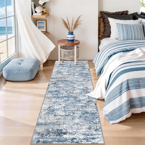 Modern Hallway Runner Rug 2x6, Textured Non Slip Carpet Runner, Ocean Blue - Image 2