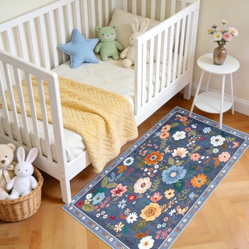 Floral Washable 2x4 Area Rugs Runner Entryway Hallway Blue/Grey - Image 2