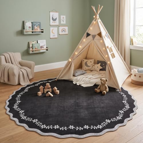 GarveeHome Round Area Rug 5ft Scalloped Washable Circle Rug for Bedroom by GarveeHome