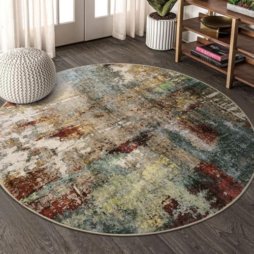 Lahome Modern Abstract Round Rug 4Ft - Washable 4x4 Circle Rugs for Living Room Bedroom Bathroom Non Slip, Soft Indoor Floor Carpet for Kitchen Entryway Family Room, Red/Multi by Lahome