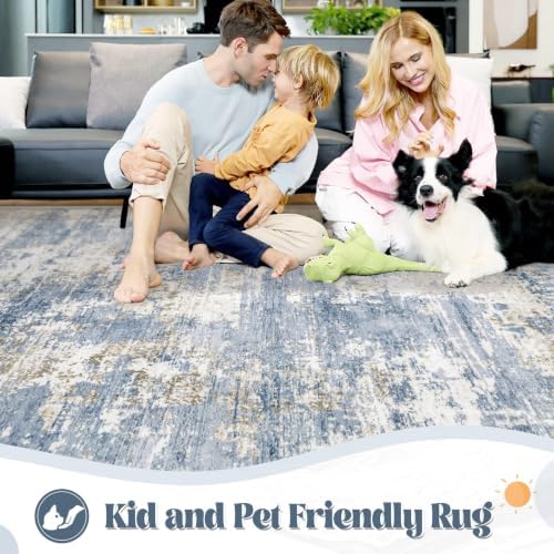 XLUEZ 5x7 Area Rugs for Living Room, Washable Modern Abstract Large Area Rug Neutral Soft Non Slip Kids Rug Stain Resistant Indoor Carpet for Bedroom Nursery Dining Room Playroom(Blue, 5'x7') - Image 3