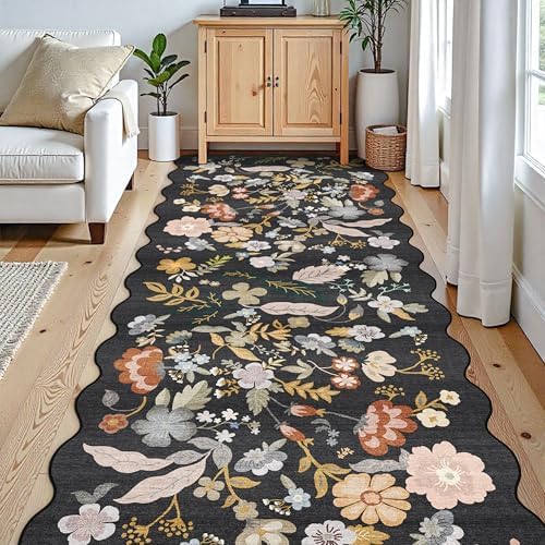 4x10 Washable Runner Rug for Hallway: Scalloped Floral Kitchen Rugs Black - Image 3
