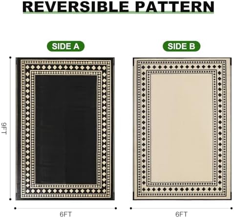 RURALITY Outdoor Rugs 6x9 Waterproof for Patios Clearance,Plastic Straw Mats for Backyard,Porch,Deck,Balcony,Black and Beige - Image 2