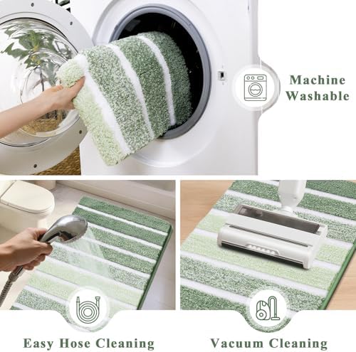Yamaziot Sage Green Bathroom Rugs 20" x 32" Washable Non Slip Striped Mat - Image 6