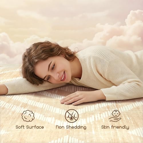 Boho Washable Area Rugs 6x9ft for Living Room, Beige Cream Thin Bedroom Rugs Non Slip, Modern Trellis Soft Kids Nusery Floor Carpets for Dining Room Playroom Home Office Decor - Image 3