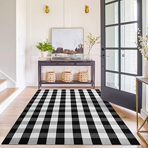 KILOCOCO Buffalo Plaid Checkered Rug 5x7 ft Black White Living Room Rug - Image 2
