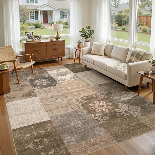 UERMEI 9x12 Area Rug for Living Room, Washable Brown Modern Geometric Patchwork Non Slip Stain Resistant Low Pile Foldable Carpet for Bedroom Dining Farmhouse Home Office by UERMEI