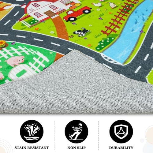 Car Rug Play Mat for Kids Toy Cars, 4x5 Town Country Barn Track Road Rug - Image 4