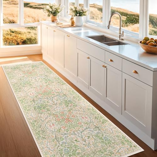 Vintage Beige Green 2'6" x 8' Runner Rug for Kitchen, Hallway, Bathroom, Entryway Indoor, Laundry Room, Washable Non Slip Rubber Backing Stain Resistant - Image 3