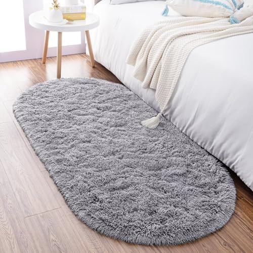 Noahas 2.8x6.3 Grey Fluffy Soft Oval Rug Non-Slip for Bedroom Dorm Hallway by ModernHomeDecor